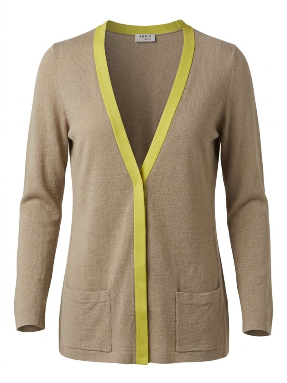 AKRIS punto Linen Viscose Open Front Cardigan Brown Yellow Trim